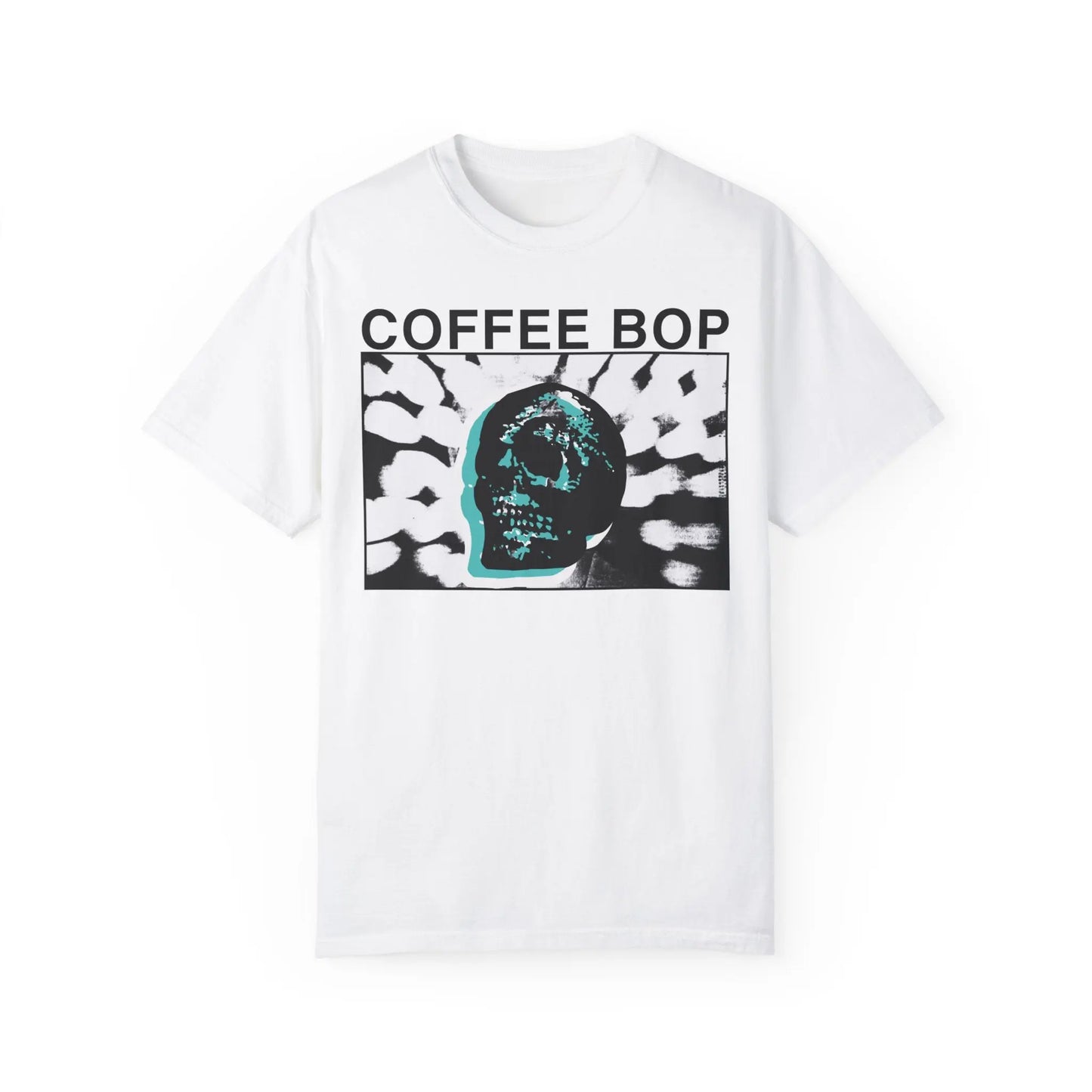 Coffee Bop pop art skull t-shirt in White garment-dyed cotton
