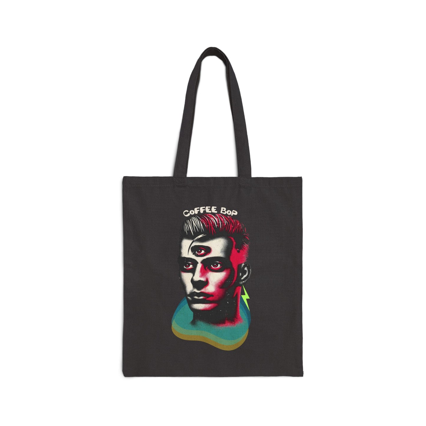 Black canvas tote bag featuring a surreal, high-contrast illustration of a third-eye punk visionary, blending 80s goth, glam rock, and new romantic aesthetics. Bold typography reads "Coffee Bop," adding a rebellious edge.
