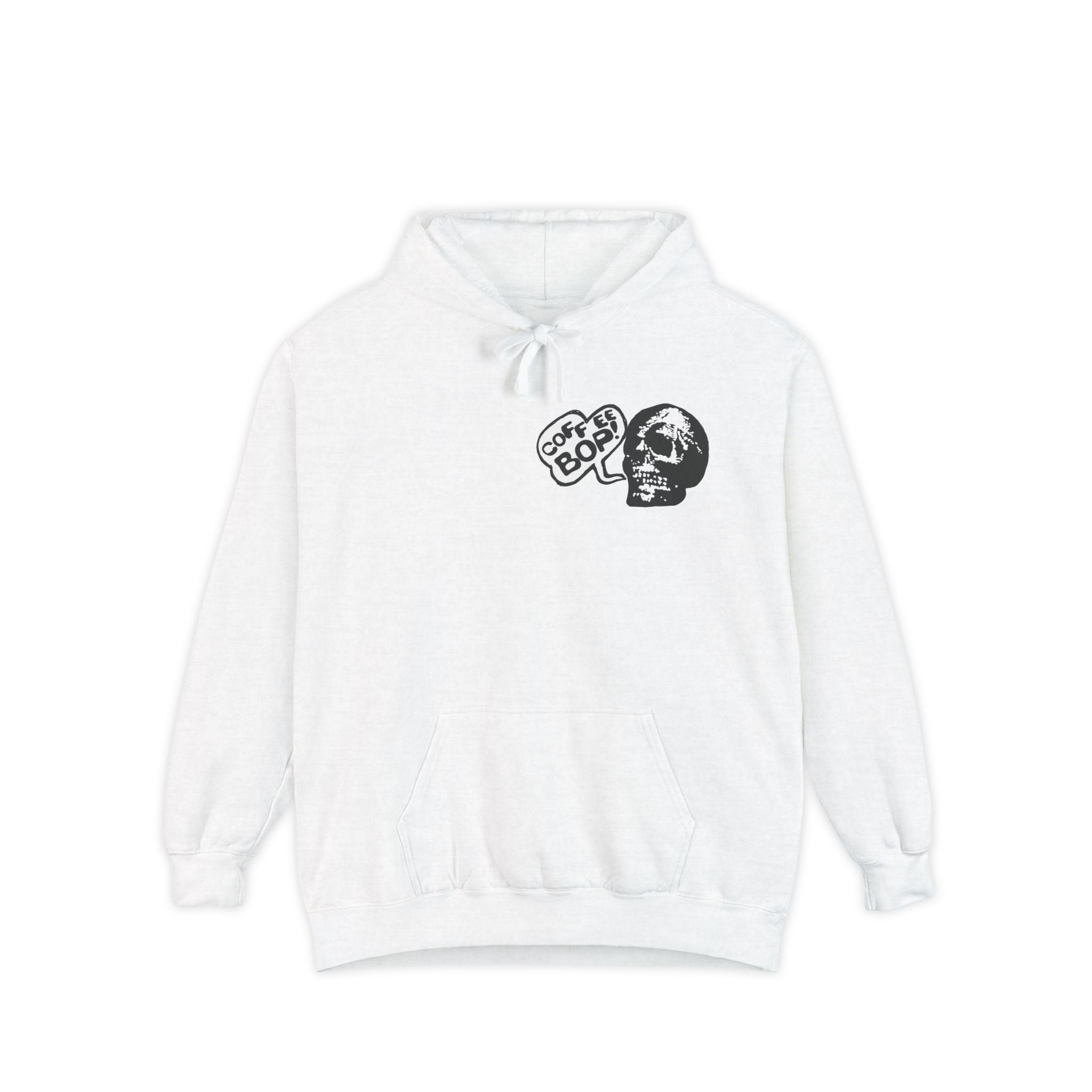 Coffee Bop skull hoodie in white, front view...