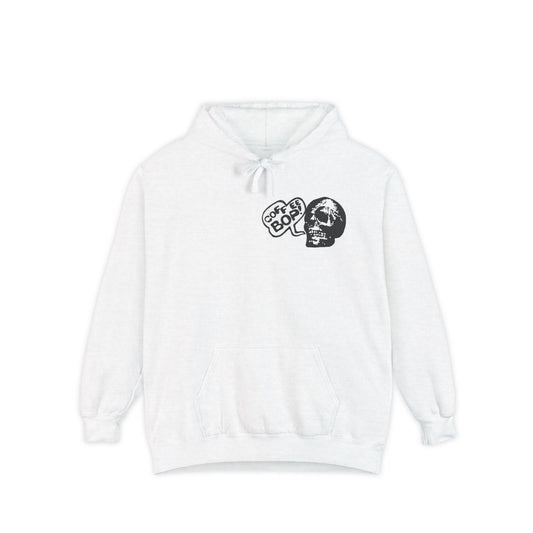 Coffee Bop skull hoodie in white, front view...
